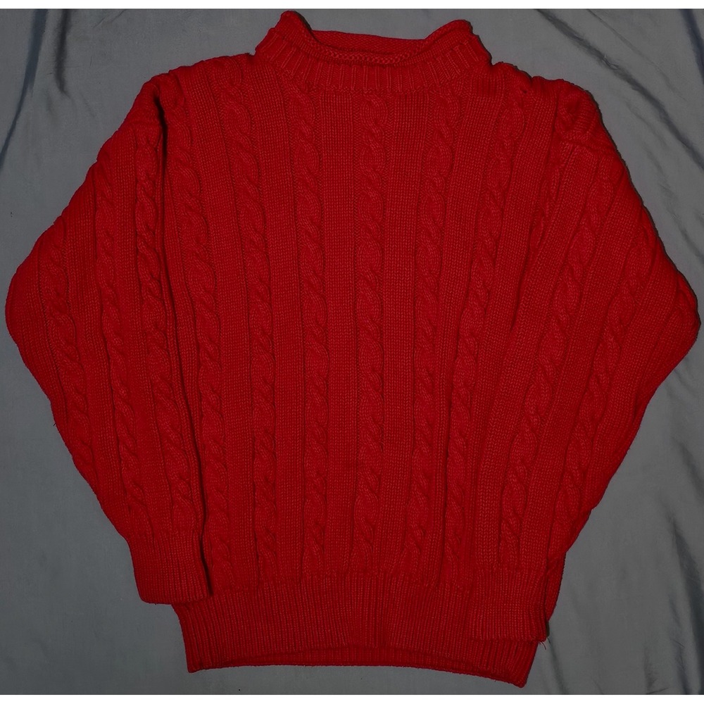 VTG 90s Gap Fisherman Cable Knit Cotton Roll Up Sweater Red Medium Made in UK